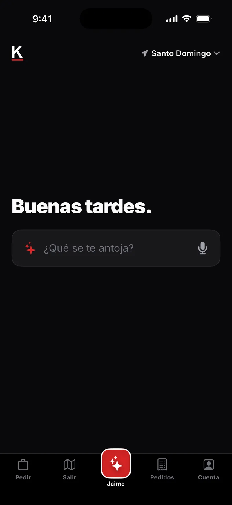 Jaime en Klimete: el saludo y el buscador «¿Qué se te antoja?» para escribirle o hablarle