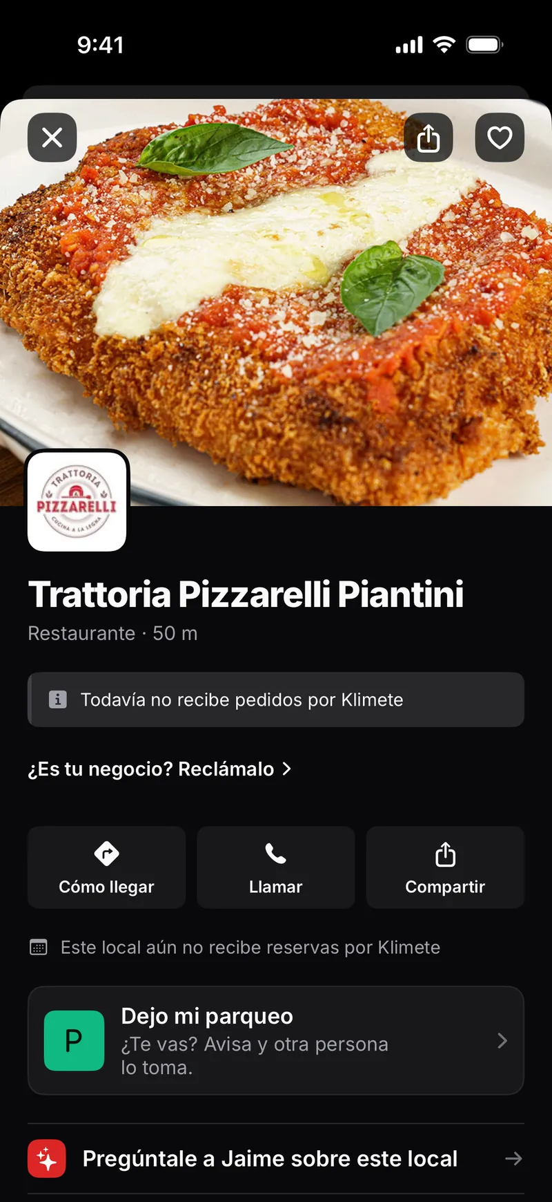 La ficha de un local en Klimete con «¿Es tu negocio? Reclámalo», «Cómo llegar», «Llamar», «Dejo mi parqueo» y «Pregúntale a Jaime sobre este local»