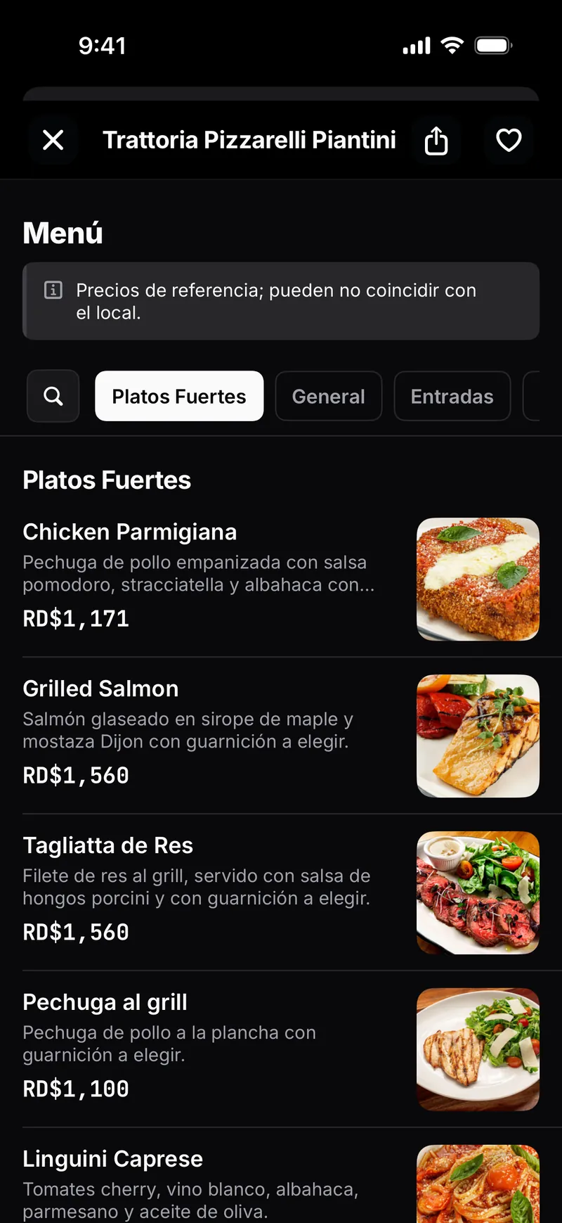 El menú de un local en Klimete, con fotos de los platos y sus precios en pesos