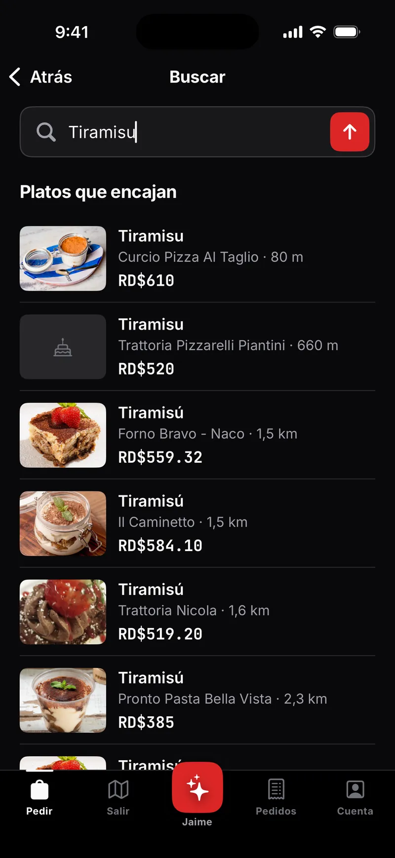 Buscar un plato en Klimete: el mismo postre en varios locales cercanos, con su precio en pesos y la distancia